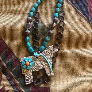 Tooled leather show steer necklace
